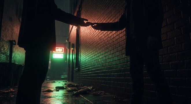 Shadowy Exchange: Rainy Alleyway Transaction with Neon Glow