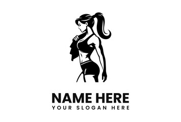 Graphic illustration of a fit woman in workout attire with a towel, in black and white.