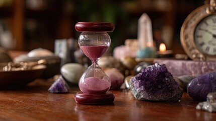 Sand timer and table clock styled together on a meditation altar setup