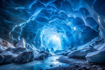Serene Glacial Cave:  Mystical Blue Ice Tunnel,  Tranquil Winter Landscape Photography.