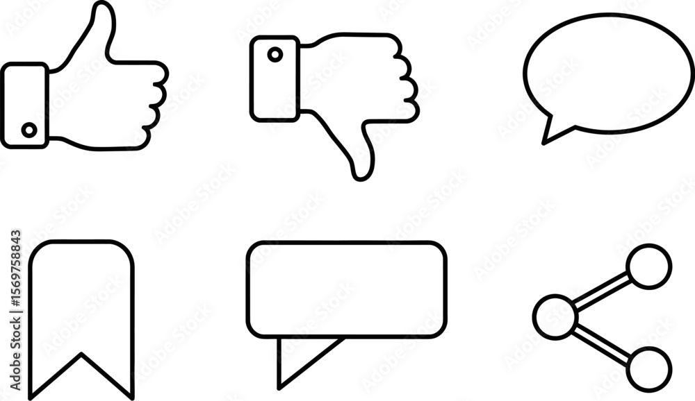 Poster social media icons vector set like dislike comment bookmark share button outline design for web and 