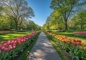 Pathway flanked by colorful tulips in a vibrant garden setting.