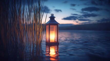 Lantern light softly illuminating tall river reeds in a tranquil evening setting with calm water reflections