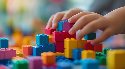 Colorful building blocks with a child's hands assembling a structure.