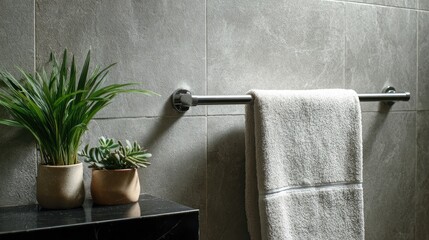 Slim digital scale tucked beside a towel rack in modern bathroom setup