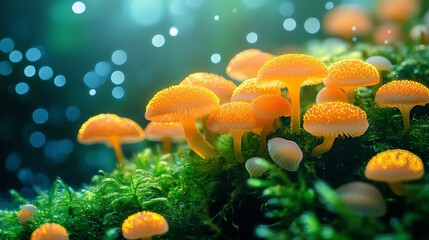 Vibrant mushrooms growing in a lush, dreamy aquatic environment.
