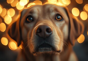 Labrador dog with glowing lights in the background.