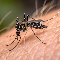 Close-up of a black and white striped mosquito feeding on human skin. The insect has long legs and delicate wings, highlighting its detailed features.