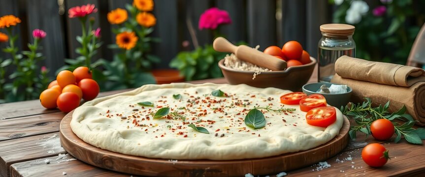 Rustic garden table setting with uncooked pizza dough, toppings, vibrant, nature - Powered by Adobe
