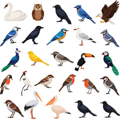 Naklejka premium Colorful Bird Vector Collection – Flat Cartoon Birds Icons Set for Wildlife & Nature Design