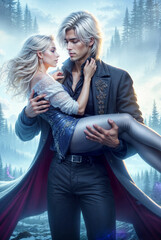 Romantic Fantasy Couple in Medieval and Magical Settings, Elegant Man and Woman in Historical Outfits, Royal Fairytale Aesthetic with Castles, Gardens, and Enchanted Atmosphere