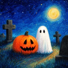 halloween night scene, cemetery, pumpkin and white ghost