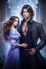 Romantic Fantasy Couple in Medieval and Magical Settings, Elegant Man and Woman in Historical Outfits, Royal Fairytale Aesthetic with Castles, Gardens, and Enchanted Atmosphere