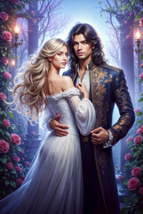 Romantic Fantasy Couple in Medieval and Magical Settings, Elegant Man and Woman in Historical Outfits, Royal Fairytale Aesthetic with Castles, Gardens, and Enchanted Atmosphere