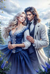 Romantic Fantasy Couple in Medieval and Magical Settings, Elegant Man and Woman in Historical Outfits, Royal Fairytale Aesthetic with Castles, Gardens, and Enchanted Atmosphere