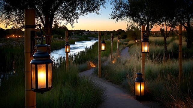 Empty peaceful riverbank trail adorned with unlit lanterns dangling from bamboo poles under soft ambient light