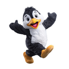 A fluffy cartoon penguin mascot in a happy jumping pose with outstretched arms