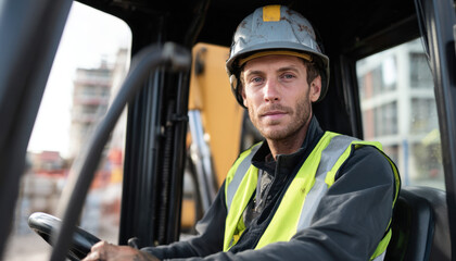 A man in a safety vest and helmet is driving an industrial forklift, looking directly at the camera from behind the wheel of his vehicle