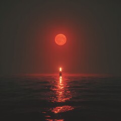 Candle flickering alone on water surface beneath the glowing reflection of a red moon