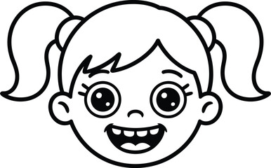 Playful Twin Ponytails &mdash; Silhouette Cartoon Portrait of Smiling Child with Wide Eyes, Rounded Cheeks, and Symmetrical Ponytail Hairstyle