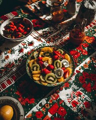 Fototapeta premium A refreshing and colorful fruit salad on a beautifully patterned tablecloth