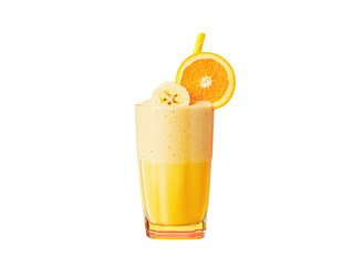 A glass of orange juice with a banana slice on top