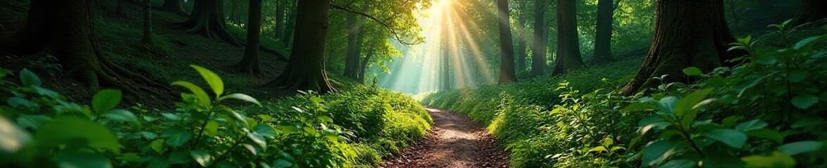 Winding Forest Path Sunlight Dapples Leaves on a Journey of Adventure and Discovery