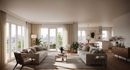 Fototapeta premium Modern Minimalist Living Room with Open Kitchen Design
