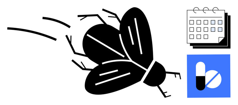 Black fly in flight alongside a calendar and medicine icons, representing pest control, health scheduling, and solutions. Ideal for environmental issues, healthcare planning, biology, public health