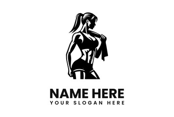 Fototapeta premium Strong female athlete silhouette, holding towel, fitness logo design.