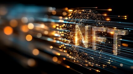 NFT digital art glowing in fast motion, blockchain technology concept