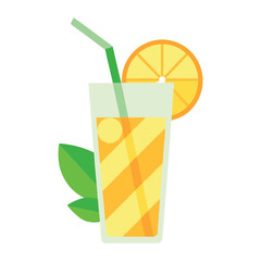 Refreshing glass of lemonade with fresh lemon slices mint leaves and a colorful striped straw for summer advertising banners