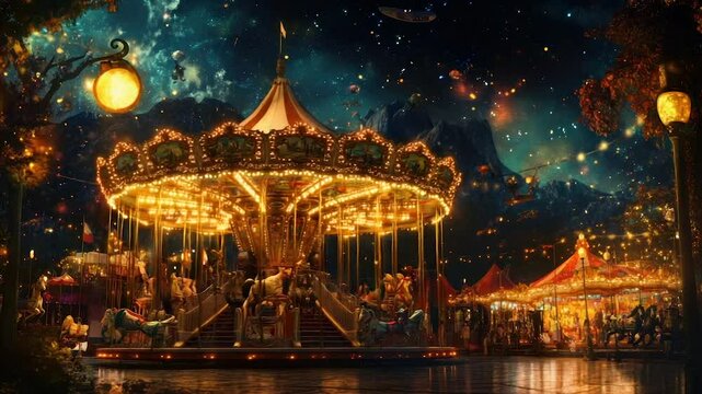 A whimsical carousel under a starry, fantastical night sky