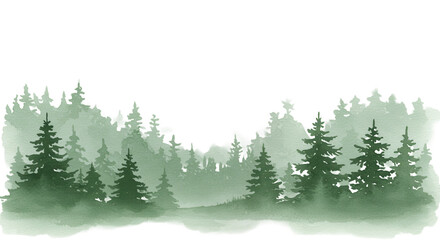 Green watercolor abstract woodland, foggy forest silhouette winter hand drawn illustration isolated background