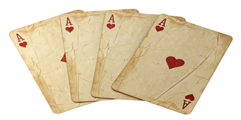 Set of crumpled playing cards features four aces with vintage design showcasing red hearts. texture adds unique charm to game