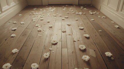 Softly illuminated worn wooden floor with scattered faded white chrysanthemum petals highlighting textures and subtle aging