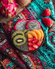 Colorful and vibrant smoothie bowl featuring dragon fruit, kiwi, and strawberries
