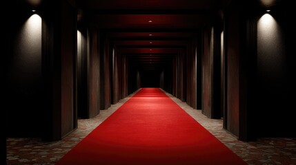 Atmospheric hallway with moody red carpet and strategic lighting reflected above