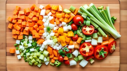 A top view of diced vegetables including carrots celery and tomatoes on a wooden cutting board