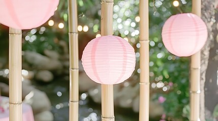 Serene riverside trail featuring tall bamboo poles with delicate unlit paper lanterns gently hanging along the path