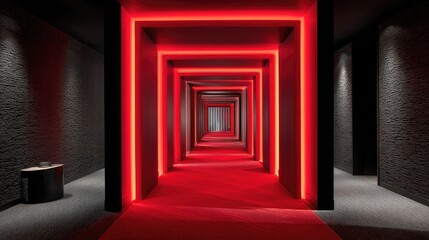 Corridor framed with minimalist light fixtures, red carpet below, mirror ceiling glowing faintly above