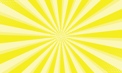 Radiant yellow background. Pop art comic book background. Sunburst yellow background with radial lines and halftone dots. 