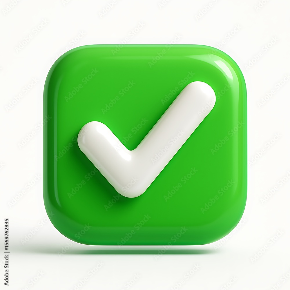 Poster glossy green square button with white check mark symbol isolated on white background