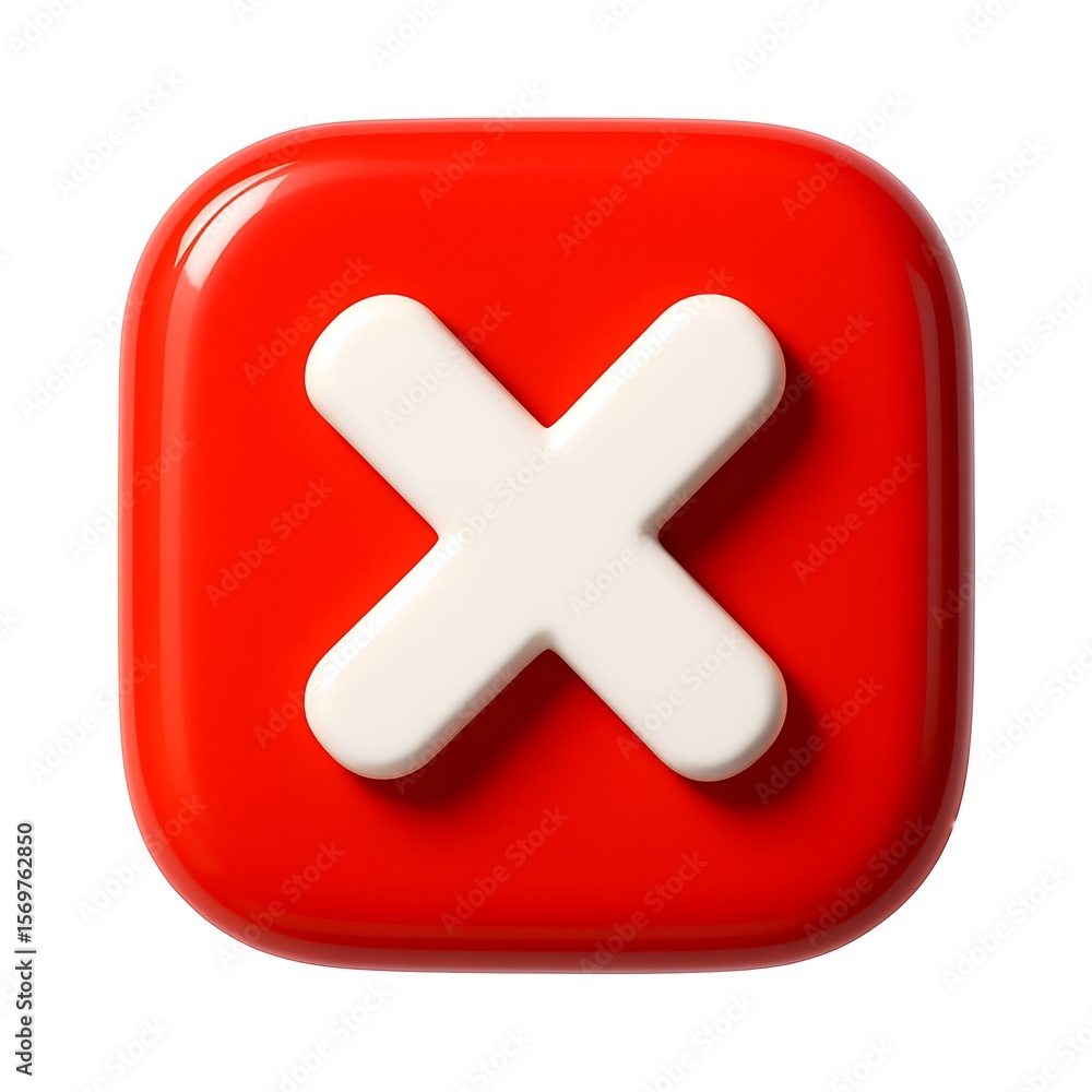 Poster glossy red square button with white cross symbol isolated on white background