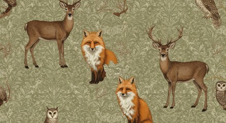 Elegant damask pattern featuring deer foxes and owls