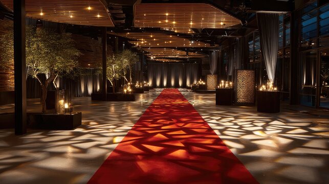 Elegant red carpet walkway under glowing light accents, ceiling reflecting patterns and shadows