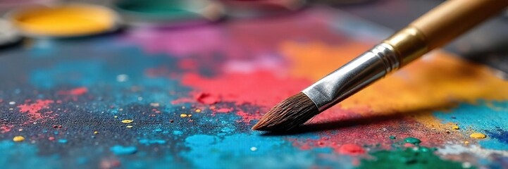 Artists Paintbrush Resting on Vibrant Palette, Ready for Creative Inspiration