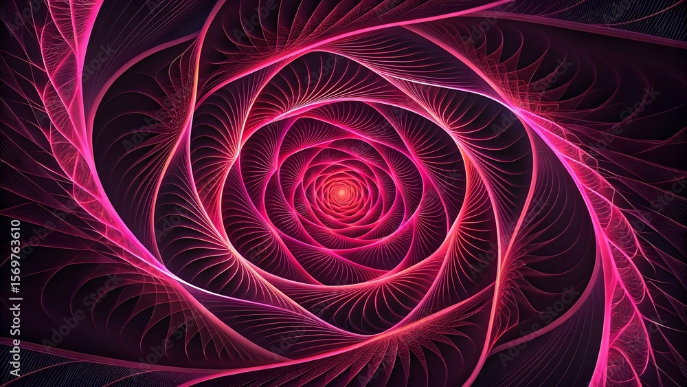Poster a mesmerizing spiral of pink and red lines converging towards a central point on a dark background