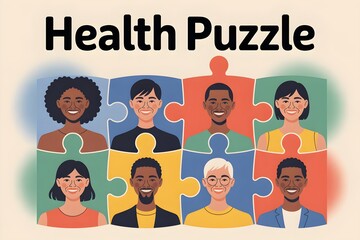 Health puzzle concept with diverse people as colorful jigsaw pieces, teamwork in healthcare illustration for medical diversity and collaboration