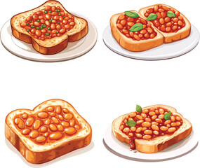 Delicious Toasted Bread With Baked Beans Breakfast cartoon vector style on white background